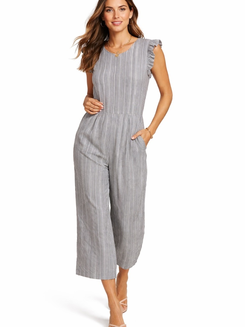 Vince Camuto Striped Ruffle Sleeve Linen Jumpsuit Grey White XL